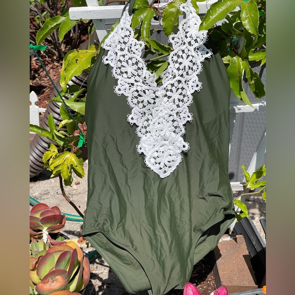 BLOOMINGJELLY One Piece Swimsuit Lace Vintage Halter In Hunter Green XL - Picture 4 of 12